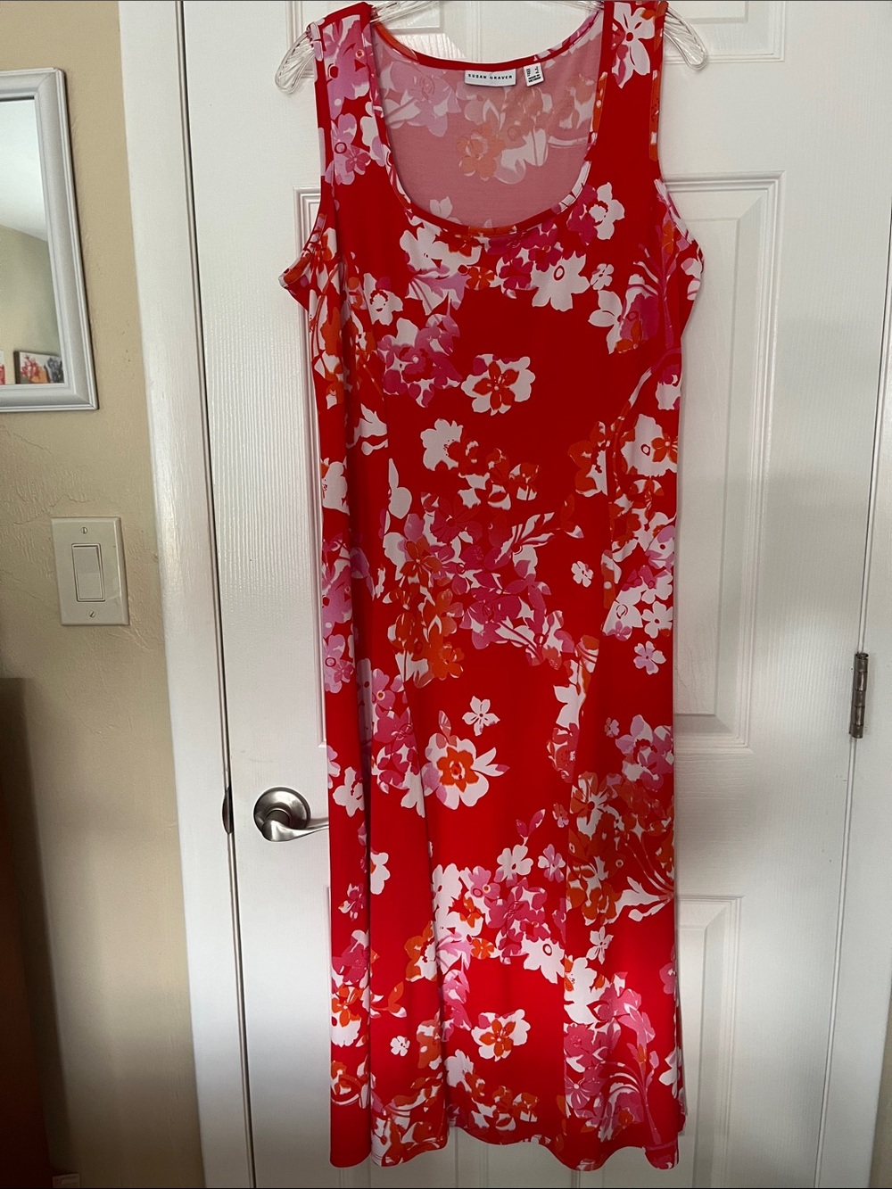 Susan Graver liquid knit dress maxi sleeveless round neck coral bloom Large
